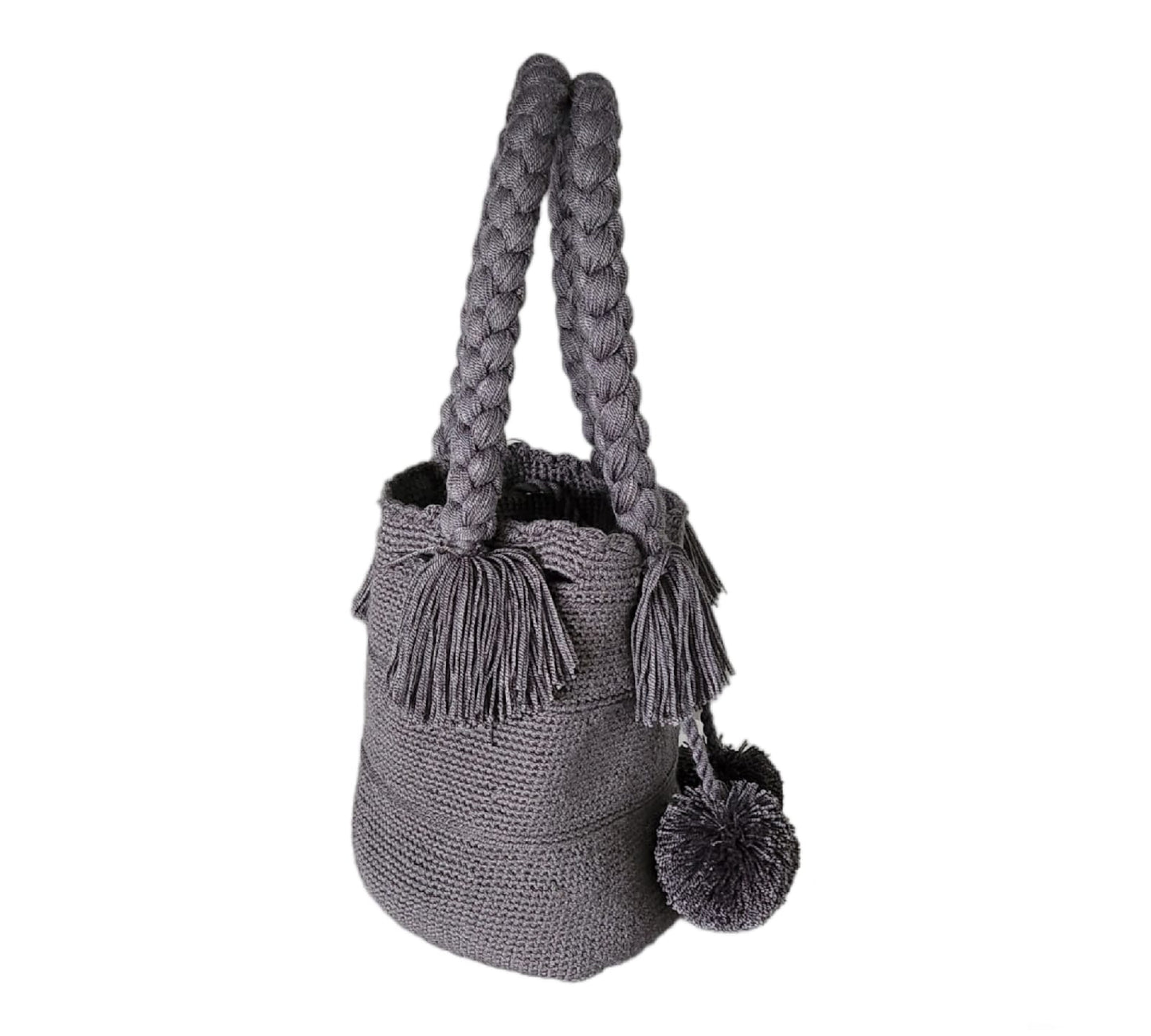 Gray Medium Pom Poms Wayuu Bag