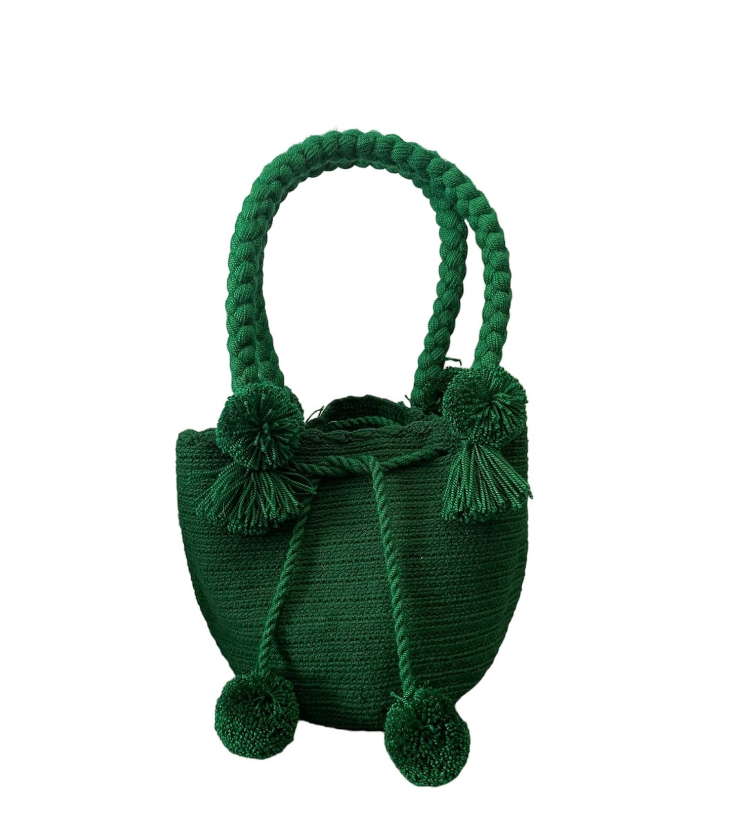 Sac Wayuu à mini pompons vert foncé