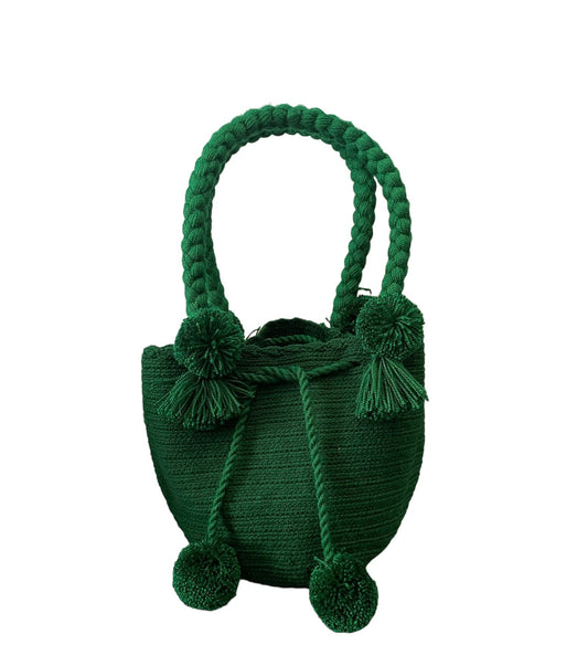 Dark Green Mini Pom Poms Wayuu Bag