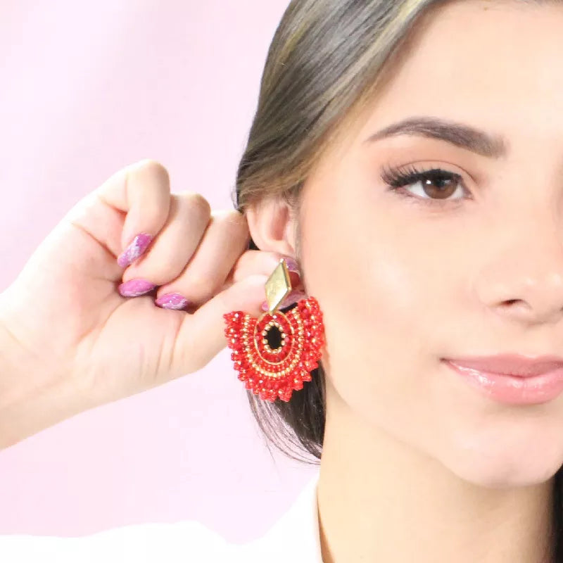 Red Abanico Mandala Earings