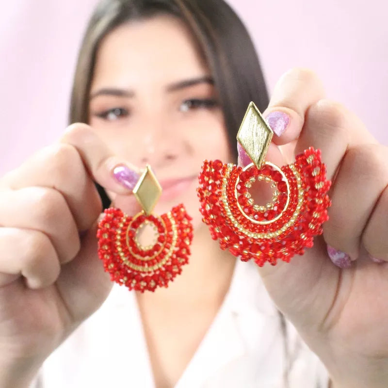 Red Abanico Mandala Earings