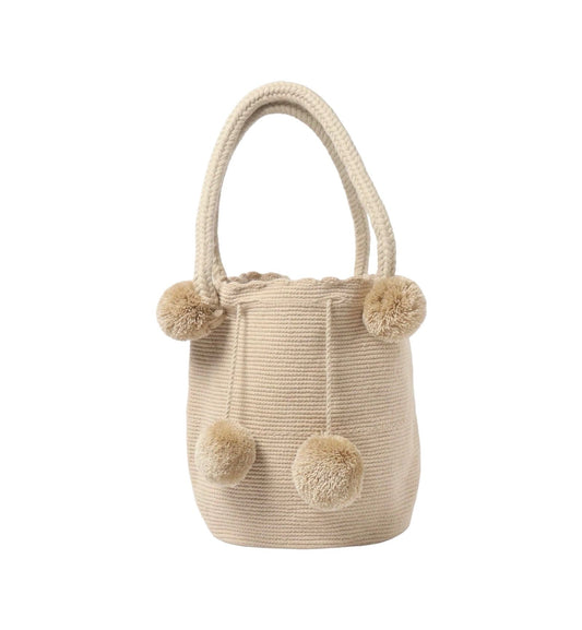 Beige Medium Pom Poms Wayuu Bag